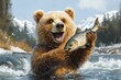 © Izanbar MagicAI Art - grizzly bear posing for an epic picture holding up the fish he caught in a river and smiling, caricature illustration