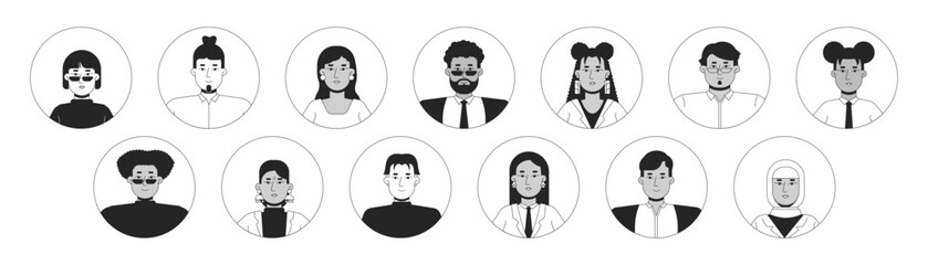Poster - multi-ethnic office workers black and white 2d vector avatars illustration set. diverse women men ou