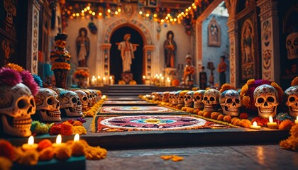 A mystical D�a de los Muertos in Mexico, with altars and colorful decorations, while blurry families pay their respects to loved ones, Generative AI