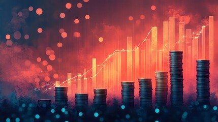 Aufkleber - A line graph and a bar graph show growth, with stacks of coins in the foreground. The background is a dark red with a bokeh effect.