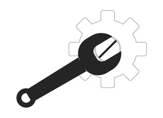 Poster - Wrench unscrews screw on gear black and white 2D line object. Spanner turning cogwheel. Workshop maintenance. Work tool with cog isolated clip art vector outline item. Monochromatic spot illustration