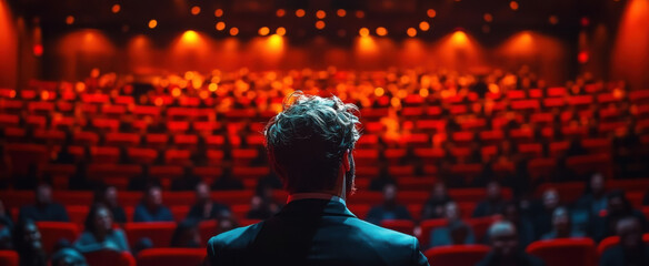 inspiring ted talk scene charismatic speaker on stage addressing large audience in dimly lit auditorium atmosphere of knowledge sharing and inspiration