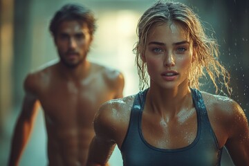 Intense workout session in an urban alleyway during sunset with two focused athletes