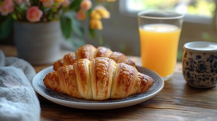Poster - Beautifully arranged continental breakfast featuring flaky fresh croissants a glass of vibrant orange juice and steaming coffee all presented on a rustic wooden table with selective focus