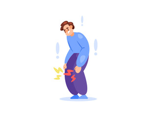 illustration of man feeling pain in knee due to injury or arthritis. knee pain when standing or walking. muscle, bone and joint health problems. flat style character design. elements