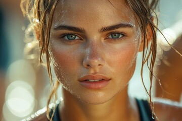 A young woman with wet hair stands outdoors, showcasing her natural beauty in bright sunlight