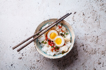 Canvas Print - Korean marinated eggs in soy sauce with rice.