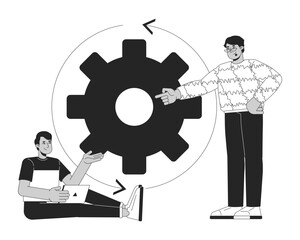 Fototapete - Digital marketing strategy black and white 2D illustration concept. Business marketers with process gear cog outline characters isolated. Problem solving cogwheel metaphor monochrome vector art