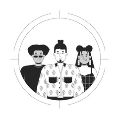 Poster - Target audience black and white 2D illustration concept. Niche business. Market segmentation. Focus customers multiracial outline characters isolated. Digital marketing metaphor monochrome vector art