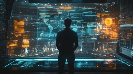 Man programming with holograms and data analysis in a futuristic digital environment