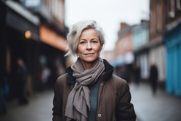 Wall Mural - Portrait of a senior woman walking in the city. Looking at camera.