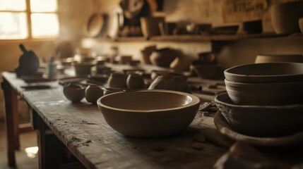 Aufkleber - An atmospheric pottery studio with pottery wheels and clay tools, Ceramic art creation style, photo of