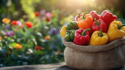 Poster - Burlap bag brimming with colorful bell peppers on a rustic wooden table with a beautiful blooming agricultural field in the background offering an ideal space for text
