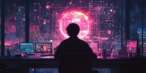 Aufkleber - a lone figure sits at a desk in front of a computer, looking out a window at a futuristic cityscape 