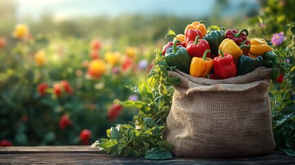 Poster - Burlap bag brimming with colorful bell peppers on a rustic wooden table with a beautiful blooming agricultural field in the background offering an ideal space for text