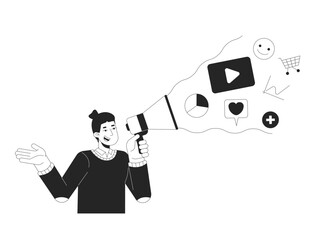 Poster - Digital advertising black and white 2D illustration concept. Social media advertiser megaphone outline character isolated. Brand promotion. Online marketing strategy metaphor monochrome vector art