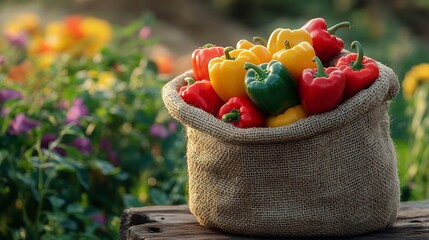 Poster - Burlap bag brimming with colorful bell peppers on a rustic wooden table with a beautiful blooming agricultural field in the background offering an ideal space for text