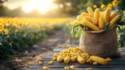 Poster - Burlap bag brimming with freshly picked corn cobs set on a rustic wooden table against a lush blooming agricultural field in the background offering an ideal space for text