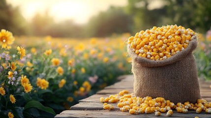 Poster - Burlap bag brimming with freshly picked corn cobs set on a rustic wooden table against a lush blooming agricultural field in the background offering an ideal space for text