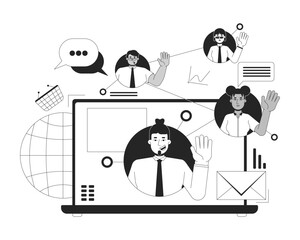 Fototapete - Remote digital marketing team black and white 2D illustration concept. Social media specialists working together outline characters isolated. Retail business promotion metaphor monochrome vector art