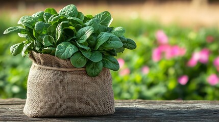 Poster - Burlap bag brimming with leafy spinach resting on a weathered wooden table set against a colorful blooming agricultural field backdrop leaving ample space for text