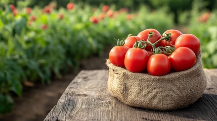 Poster - Burlap bag filled with bright red tomatoes resting on a weathered wooden table surrounded by a lush blooming agricultural field in the background leaving ample space for text