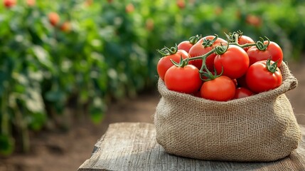 Poster - Burlap bag filled with bright red tomatoes resting on a weathered wooden table surrounded by a lush blooming agricultural field in the background leaving ample space for text