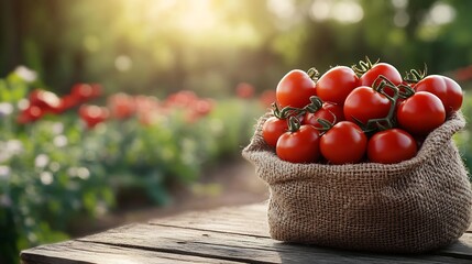 Fototapete - Burlap bag filled with bright red tomatoes resting on a weathered wooden table surrounded by a lush blooming agricultural field in the background leaving ample space for text