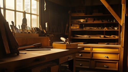 Poster - An atmospheric woodworking workshop with hand tools and custom furniture, Bespoke woodworking craftsmanship style, photo of