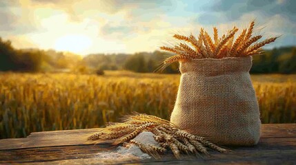 Fototapete - Burlap bag filled with flour sits on a rustic wooden table with fresh ears of wheat arranged nearby set against a picturesque field backdrop creating a serene scene with space for text
