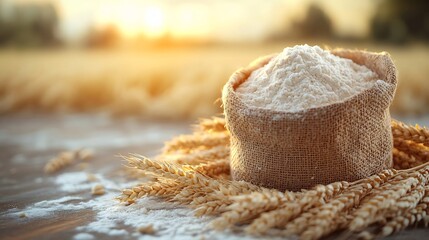 Poster - Burlap bag filled with flour sits on a rustic wooden table with fresh ears of wheat arranged nearby set against a picturesque field backdrop creating a serene scene with space for text