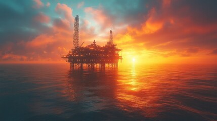 Poster - Oil rig silhouetted against a vibrant sunset over calm waters.