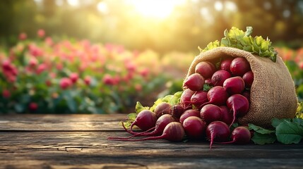 Poster - Burlap bag filled with plump beetroots on a rustic wooden table with a vibrant blooming agricultural field in the background providing an inviting space for text