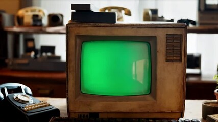 Old vintage computer with a green screen
