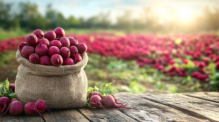 Poster - Burlap bag filled with plump beetroots on a rustic wooden table with a vibrant blooming agricultural field in the background providing an inviting space for text