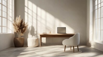 Wall Mural - Bright and Minimalist Home Office Workspace with Neutral Color Scheme Wooden Furniture and Natural Lighting Streaming Through Large Windows