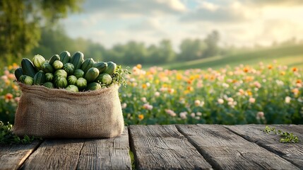 Poster - Burlap bag full of fresh zucchinis on a rustic wooden table framed by a scenic blooming agricultural field in the background creating an inviting space for text