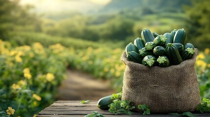 Poster - Burlap bag full of fresh zucchinis on a rustic wooden table framed by a scenic blooming agricultural field in the background creating an inviting space for text