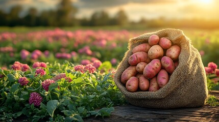 Poster - Burlap bag of succulent sweet potatoes on a rustic wooden table with a picturesque blooming agricultural field in the background providing a perfect area for text