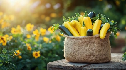 Poster - Burlap bag overflowing with vibrant zucchini on a rustic wooden table set against a blooming agricultural field backdrop providing a beautiful space for text