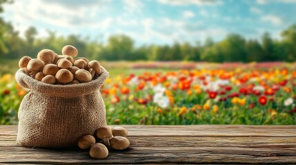 Poster - Burlap sack filled with earthy mushrooms resting on a wooden table with a colorful blooming agricultural field in the background providing ample space for text