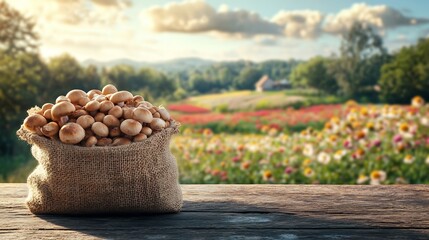 Fototapete - Burlap sack filled with earthy mushrooms resting on a wooden table with a colorful blooming agricultural field in the background providing ample space for text
