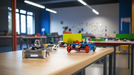 Aufkleber - An educational robotics lab with students programming robots constructed from blocks, Blocks integrated into educational robotics projects, STEM education style