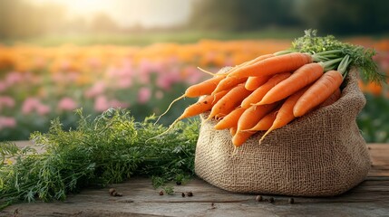 Poster - Burlap sack filled with earthy carrots sitting on a rustic wooden table framed by a vibrant blooming agricultural field in the background creating a beautiful space for text