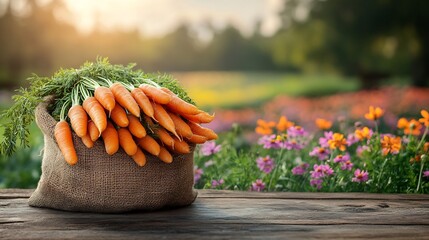 Poster - Burlap sack filled with earthy carrots sitting on a rustic wooden table framed by a vibrant blooming agricultural field in the background creating a beautiful space for text