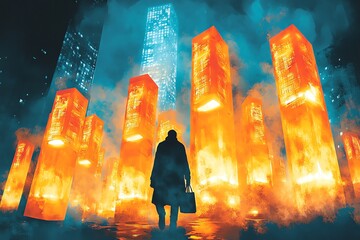 Wall Mural - a lone figure walks through a city with tall, glowing, orange buildings with blue skyscrapers in the