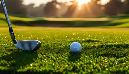 Close-up view of golf club and ball on green lawn at beautiful golf course with morning sunlight