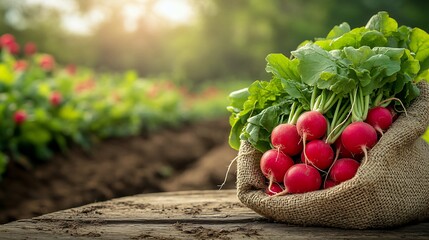 Poster - Burlap sack overflowing with vibrant radishes resting on a wooden table surrounded by a lush blooming agricultural field in the background creating a perfect area for text