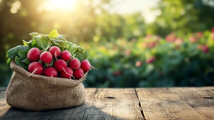 Poster - Burlap sack overflowing with vibrant radishes resting on a wooden table surrounded by a lush blooming agricultural field in the background creating a perfect area for text