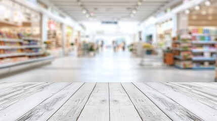 Wooden tabletop against blurred grocery store background for product display.